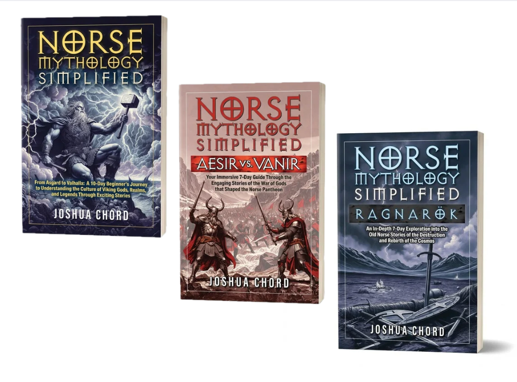 Stacked paperback bundle featuring the three Norse Mythology Simplified books